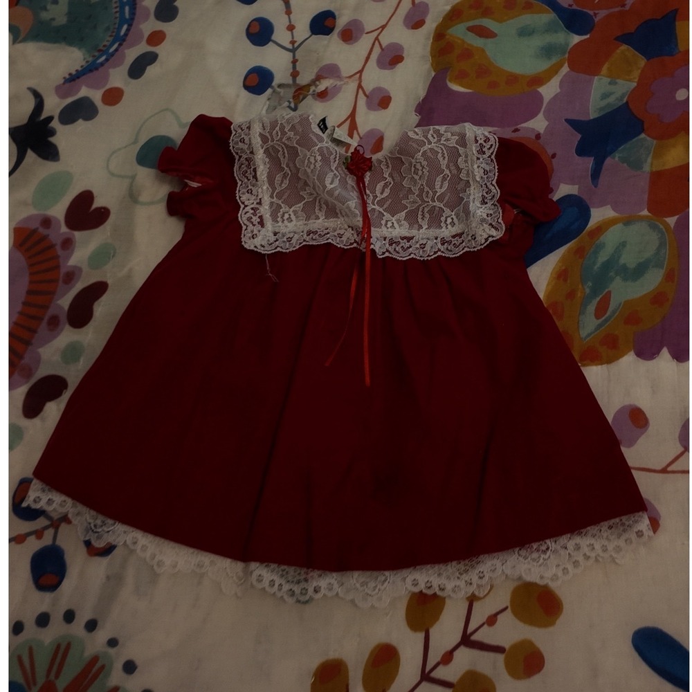 Vintage Jo Lene Red Lace Collar Baby Dress Christmas Holiday USA Made 12M h5